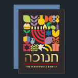 Hanukkah Chanukah Menorah Jewish Stars Dreidel Holiday Card<br><div class="desc">Hanukkah / Chanukah Colourful Modern Geometric Pattern Card with Faux Gold Foil. Menorah, Dreidel, Doughnuts, Stars & Olive oil... They are all here. Hebrew & Jewish Hanukkah Symbols Space to add your personalised text on the front & reverse. Happy Hanukkah wishes. Hebrew on the front says "Chanukah". This upscale, beautiful,...</div>