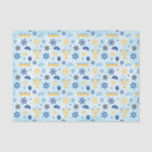 Hanukkah Chanukah Menorah Lights Stars Driedels Tissue Paper<br><div class="desc">A pattern of Jewish Hanukkah elements such as menorah candelabra,  Star of David,  Driedel and Yamaka or Kippah.  The background is a light blue watercolor wash.  You can change the size of the pattern to make it larger or smaller by clicking on Customise It.</div>
