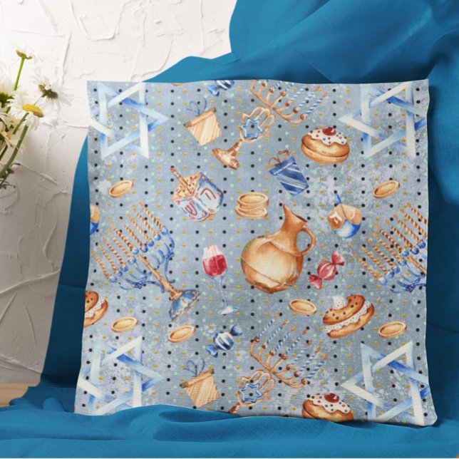 Hanukkah Chanukah Menorah Watercolor Blue Pattern Cushion (Creator Uploaded)