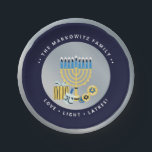 Hanukkah Chanukah Personalised Menorah Dreidel  Paper Plate<br><div class="desc">Our Hanukkah Personalised Menorah Dreidel Custom Pper Plate includes a menorah & dreidel.  Personalise with your own name and message to add a festive ( and worry-free ) touch to this year's Hanukkah Party. Enquiries? Message us or email bestdressedbread@gmail.com</div>