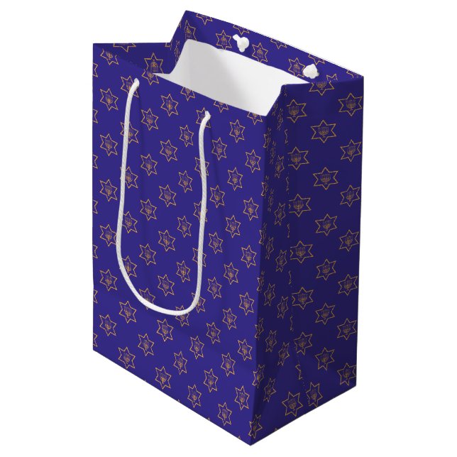 Hanukkah Chanukah Star of David Menorah Gold Blue Medium Gift Bag (Front Angled)
