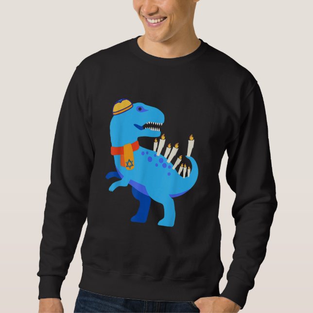 Hanukkah Chanukkah Blue Dinosaur Menorasaurus Sweatshirt (Front)