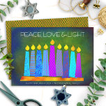Hanukkah Chic Boho Candles Peace Love Light Green Holiday Card<br><div class="desc">“Peace, love & light.” A playful, modern, artsy illustration of boho pattern candles in a menorah helps you usher in the holiday of Hanukkah. Assorted blue candles with colourful faux foil patterns overlay a rich deep green textured background. Faux copper diamond pattern foil on a green background for the reverse...</div>