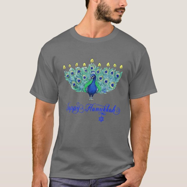 Hanukkah Christmas Peacock Menorah Chanukah Jewish T-Shirt (Front)