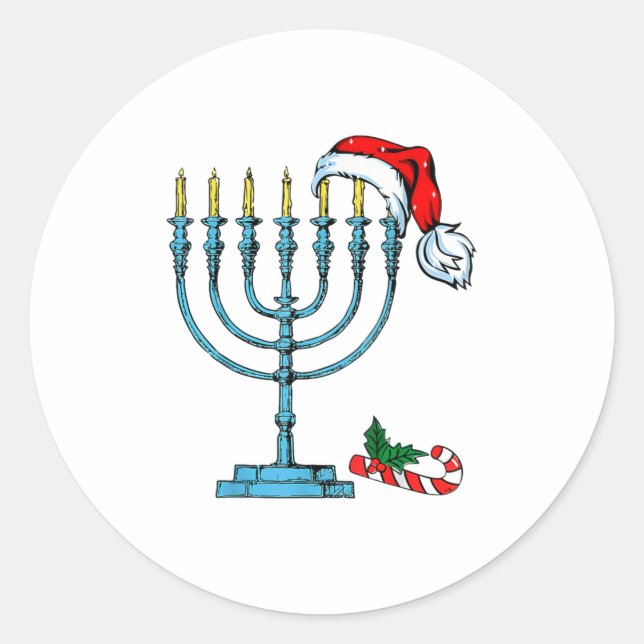 Hanukkah Christmas Santa Hat Family Chr Classic Round Sticker (Front)