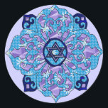 Hanukkah Classic Round Sticker<br><div class="desc">Blues of all shades,  lilac and lavender in a flower shape with a knotted six-sided star in the centre is a great way to celebrate Hanukkah and express your individuality at the same time.</div>