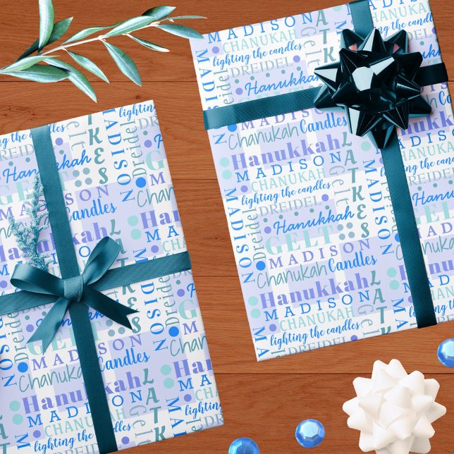 Hanukkah Collage Light Blue Cool Cute Childs Name Wrapping Paper (Creator Uploaded)