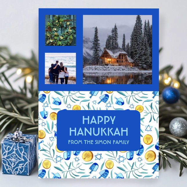 HANUKKAH CUSTOM 3 PHOTOS Driedel Gelt Holiday (HANUKKAH CUSTOM PHOTOS Driedel Gelt Watercolor Holiday Card
)