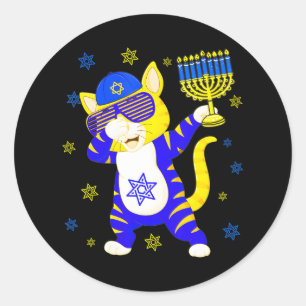 Hanukkah Dabbing Cat Sunglasses Holding Menorah Classic Round Sticker