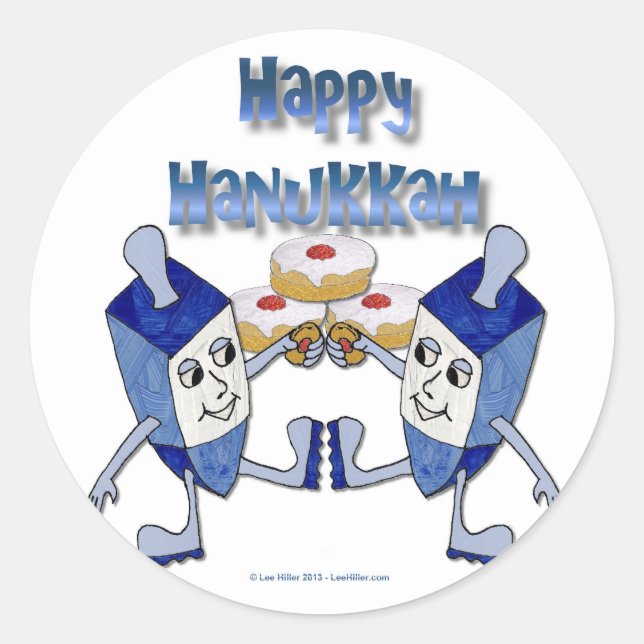 Hanukkah Dancing Dreidels and Jelly Doughnuts Classic Round Sticker (Front)