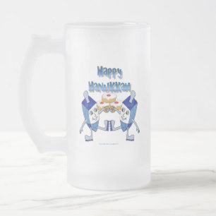 Hanukkah Dancing Dreidels and Jelly Doughnuts Frosted Glass Beer Mug