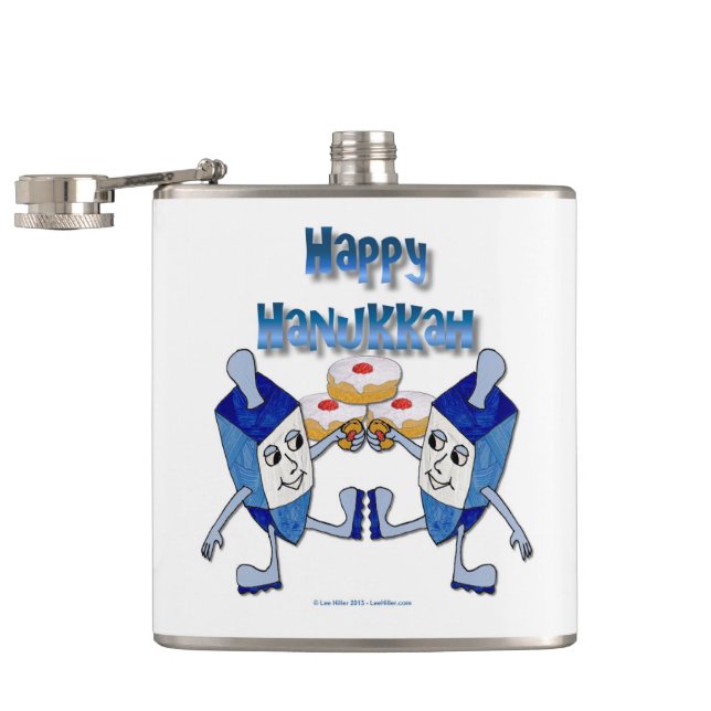 Hanukkah Dancing Dreidels and Jelly Doughnuts Hip Flask (Opened)