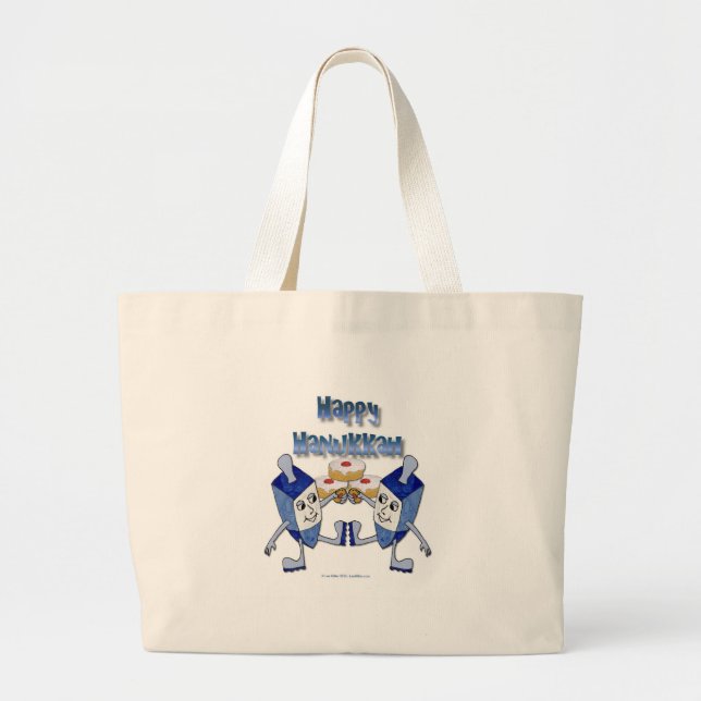 Hanukkah Dancing Dreidels and Jelly Doughnuts Large Tote Bag (Front)
