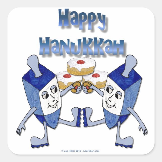 Hanukkah Dancing Dreidels and Jelly Doughnuts Square Sticker (Front)