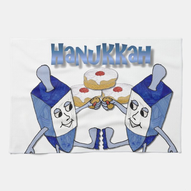 Hanukkah Dancing Dreidels and Jelly Doughnuts Tea Towel (Horizontal)