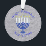 Hanukkah Dark Blue Menorah Chrismukkah Bling Ornament<br><div class="desc">Perfect for remembering a special event this year, this custom blue, white and silver Happy Hanukkah ornament is ready to hang from a window, the stairs or on the Chanukkah tree. Your personalised blue text is on one side and a larger version of the dark blue Menorah with white candles...</div>