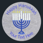 Hanukkah Dark Blue Menorah On Faux Silver Cute Classic Round Sticker<br><div class="desc">Elegant round Hanukkah stickers are great for adding a finish touch to a gift wrap, decorating the envelopes for party invitations or using as Chanukkah party favours. Personalise them now! This original art is a traditional Hanukkah Menorah on a silver look background. Many more matching products from party supplies to...</div>