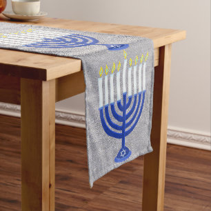 Hanukkah Dark Blue Menorah Silver Holiday Decor Long Table Runner