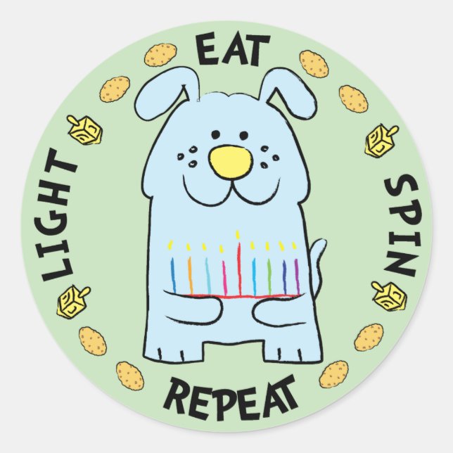 Hanukkah Dog Stickers "Light, Eat, Spin, Repeat" (Front)