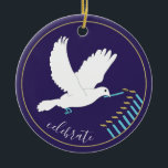 Hanukkah "DoveLightsMenorah"/Circle Ornament<br><div class="desc">Hanukkah "Dove Lights Menorah/Gold, Blue"/Circle Ornament. (2 sided) To Personalise, simply delete the text on the back and front of the ornament, replacing with your own text using your favourite font style, size, and colour. Background on back and front of ornament can be changed-out by choosing from the colour swatches....</div>