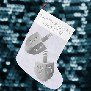 Hanukkah Dreidel Faux Silver Sparkle Chrismukkah Large Christmas Stocking