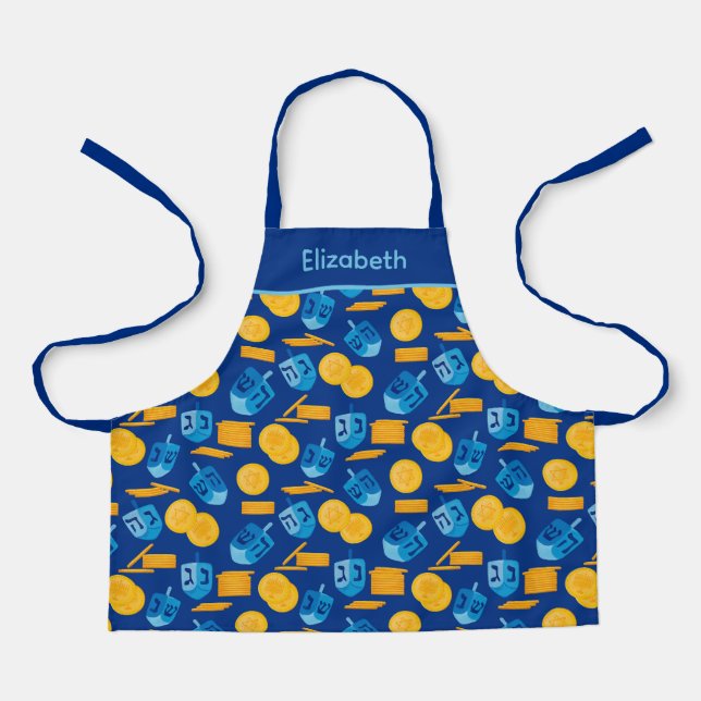 Hanukkah Dreidel Game Gelt Dark Blue Apron (Front)