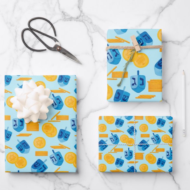 Hanukkah Dreidel Game Gelt Dark Blue Wrapping Paper Sheet (Front)