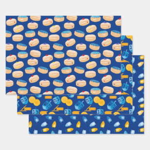 Hanukkah Dreidel, Gelt, Sufganiyot, String Lights Wrapping Paper Sheet