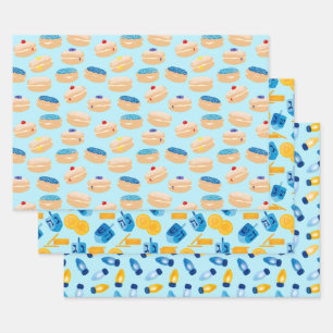 Hanukkah Dreidel, Gelt, Sufganiyot, String Lights Wrapping Paper Sheet