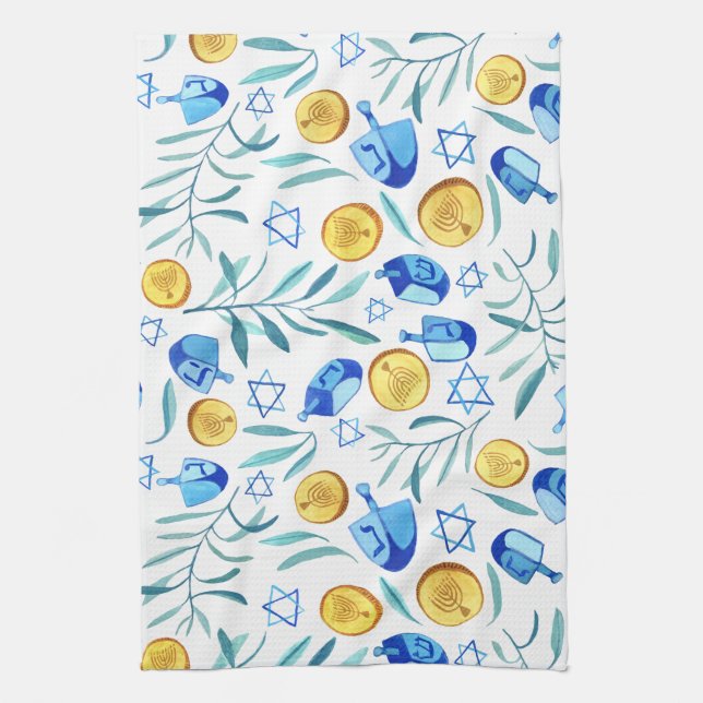 Hanukkah Dreidel Jewish Holiday Pattern Tea Towel (Vertical)