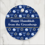 Hanukkah Dreidel Menorah Blue Custom Party Favour Tags<br><div class="desc">Beautiful Hanukkah party favour tags in pretty blue with a cool pattern of Judaism star,  dreidel for fun Chanukah games,  and the Jewish menorah for the holiday. Customise your gifts with your family name.</div>