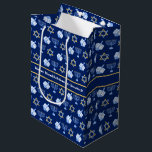 Hanukkah Dreidel Menorah Pattern Blue Custom Party Medium Gift Bag<br><div class="desc">Beautiful Hanukkah gift bag in a dark blue star shape with a cool pattern of Judaism star,  dreidel,  and the Jewish menorah for the Chanukah holiday. Customise this design with your family name.</div>
