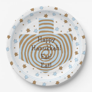 Hanukkah Dreidel Swirl Brown Blue Paper Plates 