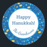 Hanukkah Dreidels Classic Round Sticker<br><div class="desc">These fabulous gift tags would look great on all your Hanukkah gifts.  They are so festive with their pattern with dreidels,  menorahs,  Stars of David,  and gelt.  Trendy yet traditional.  And,  they are customisable with your family name.</div>