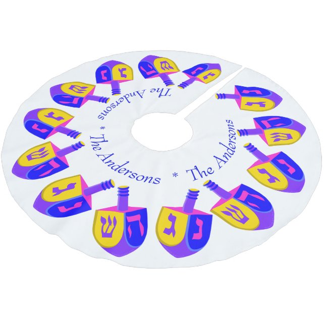 Hanukkah Dreidels Colourful Chrismukkah Add Name Brushed Polyester Tree Skirt (Angled)
