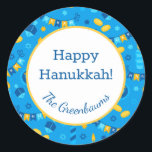 Hanukkah Dreidels Gift Tag<br><div class="desc">These fabulous gift tags would look great on all your Hanukkah gifts. They are so festive with their menorahs, gelt, Hanukkah candles and banners and Stars of David in blue and yellow. Trendy yet traditional. And, they are customisable with your family name.</div>