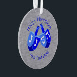 Hanukkah Dreidels In Blue Cute Kids Chrismukkah Ornament<br><div class="desc">The Chrismukkah tradition is about love of family and blending two holidays into memories that embrace both beliefs. This Happy Hanukkah ornament with double Dreidels in bold colours of vivid blue and crisp white set on a faux silver background will look good on a Hanukkah bush, a Christmas tree or...</div>
