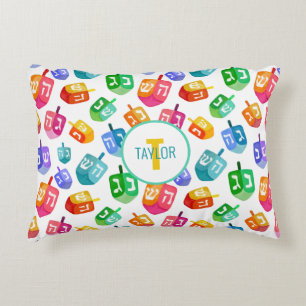 Hanukkah Dreidels Rainbow Watercolor Holiday Decorative Cushion