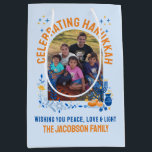 HANUKKAH FAMILY Customisable Photo  Medium Gift Bag<br><div class="desc">Personalizable family HANUKKAH Medium Gift Bag with CUSTOMIZABLE TEXT AND PHOTO. Add your details and upload your vertical photo on the front. The reverse has been left plain for any personal handwritten thank you messages. Design features the arched window design with Hanukkah elements of Star of David, menorah and dreidel....</div>
