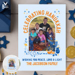 HANUKKAH FAMILY Customisable Photo  Thank You Card<br><div class="desc">Personalizable family HANUKKAH greeting card with CUSTOMIZABLE TEXT AND PHOTO. Add your details and upload your vertical photo. Add your personalised message inside. Design features the arched window design with Hanukkah elements. Matching shirts,  gifts and party supplies available.</div>