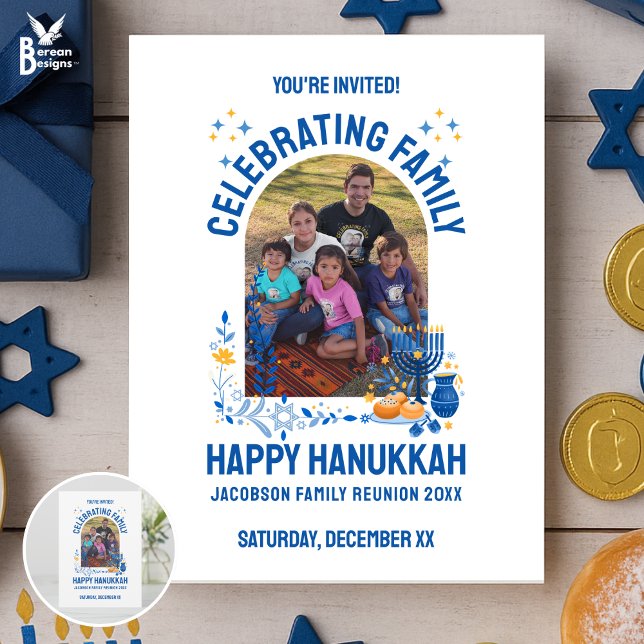 HANUKKAH FAMILY REUNION Customisable Photo  Invitation (Invitation for Jewish family reunion to celebrate Hanukkah together Matching shirts, gifts, supplies)