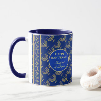 Hanukkah Festival Party Gold Menorah blue pattern Mug
