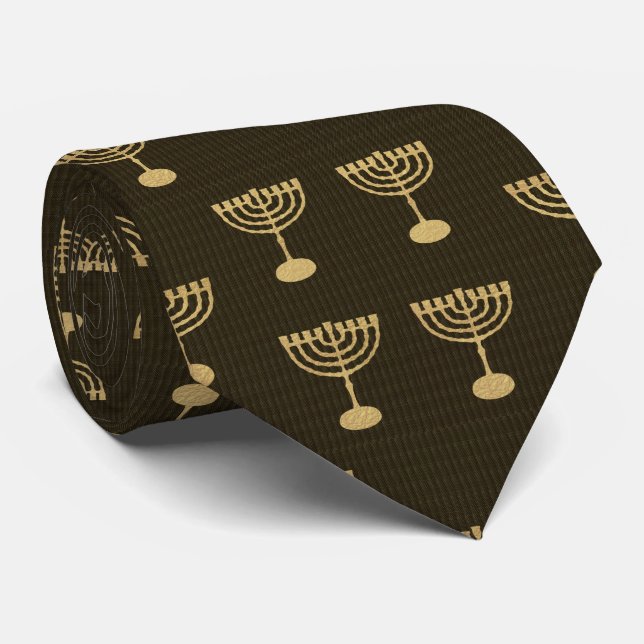 Hanukkah Festival Party Gold Menorah Pattern Tie (Rolled)