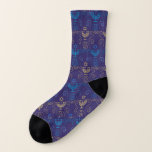 Hanukkah Festival Party Trendy Blue Doodle Pattern Socks<br><div class="desc">Socks Design with Happy Hanukkah Party Beautiful Blue Decoration, Jewish Holiday, symbols festive ornament. Hanukkah navy blue background with traditional Chanukah symbols - wooden dreidels (spinning top), doughnuts, gold menorah, candles, star of David and glowing lights doodle pattern. Hanukkah Festival Event Decoration. Jerusalem, Israel. Unique design good for all ages))....</div>
