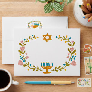 HANUKKAH Floral Wreath Menorah w Return Address Envelope