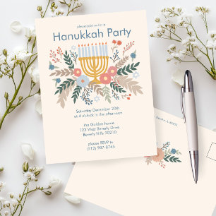 Hanukkah Florals Hand-draw CUSTOM Party Invitation Postcard