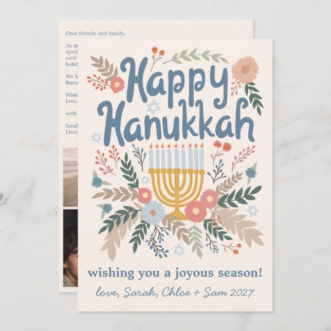 Hanukkah FLorals Hand-drawn Art CUSTOM 4 PHOTO Holiday Card (Front/Back)