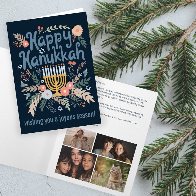 Hanukkah FLorals Hand-drawn Art CUSTOM 4 PHOTO Holiday Card (Hanukkah FLorals Hand-drawn Art CUSTOM 4 PHOTO Holiday Card
)