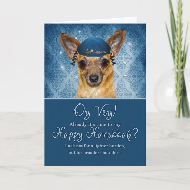 Hanukkah Funny Chihuahua in a Yarmulke Holiday Card (Front)