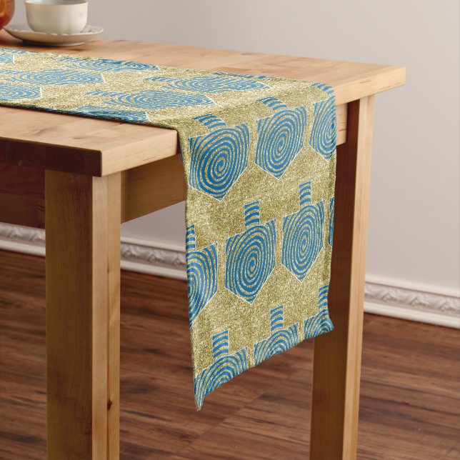 Hanukkah "Gold Blue Dreidels" Long Table Runner (In Situ)